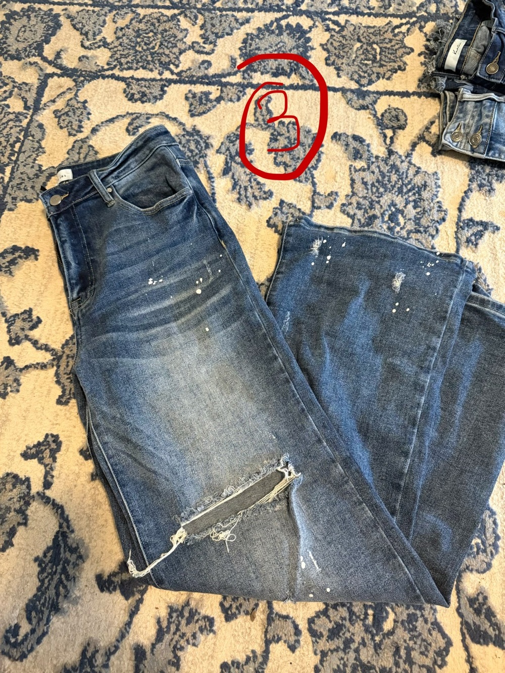 Distressed Dark Blue Flare Jeans with Paint-Splatter Detail